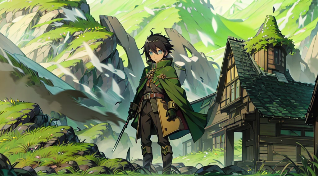 yuichiro hyakuya, (WithoutFear:1), 1 boy, black hair, green eyes, brown coat, gray armor, green shield, green cloak, dark brown gloves, town, white fur trim, tall, anime, standing, good quality, portrait, looking at viewer