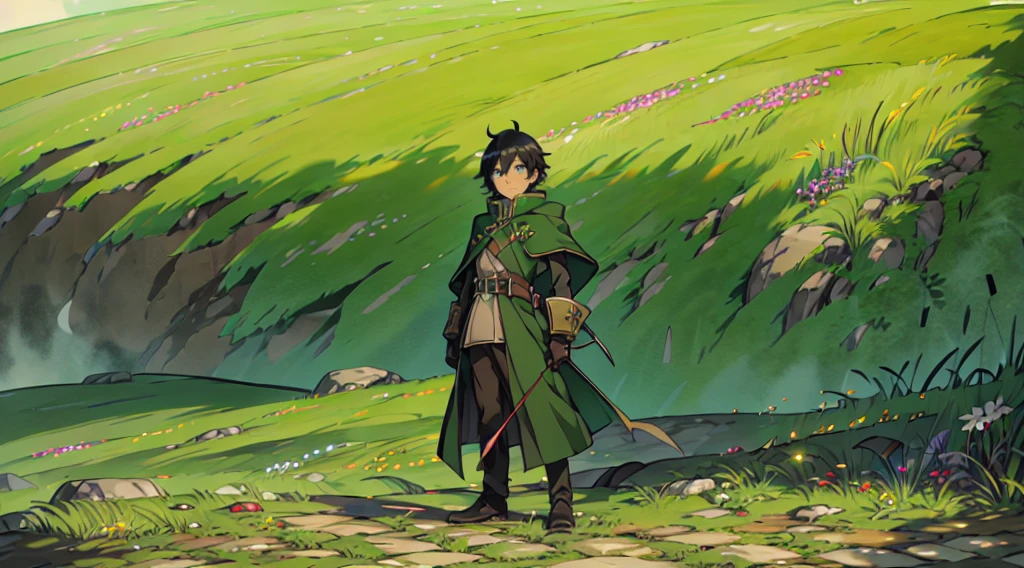 yuichiro hyakuya, (WithoutFear:1), 1 boy, black hair, green eyes, brown coat, gray armor, green shield, green cloak, dark brown gloves, town, white fur trim, tall, anime, standing, good quality, portrait, looking at viewer
