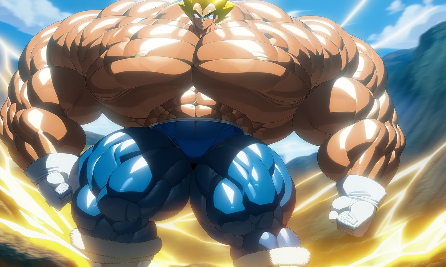 1boy, Vegeta, from Dragon Ball Z, masterpiece, best quality, very aesthetic, absurdres, saiyan, blue eyes, spiked hair, (yellow hair:1.5), standing up, good posture, shirtless, blue skintight pants, white gloves, (huge muscles:3), Dragon Ball Z artstyle, in the style of Akira Toriyama, white tiled floor, outdoor, flat-top mountains, Extreme Wide Shot, full pose, full body shot, (full body in frame:1), white boots with brown tips