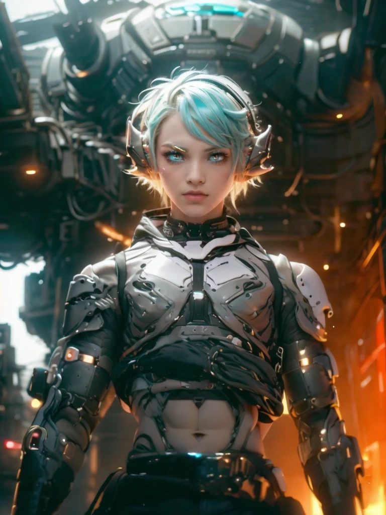 Femboy, cyberpunk style, blue hair, blue eyes, 1boy, elf ears, without , six pack abs, cute face