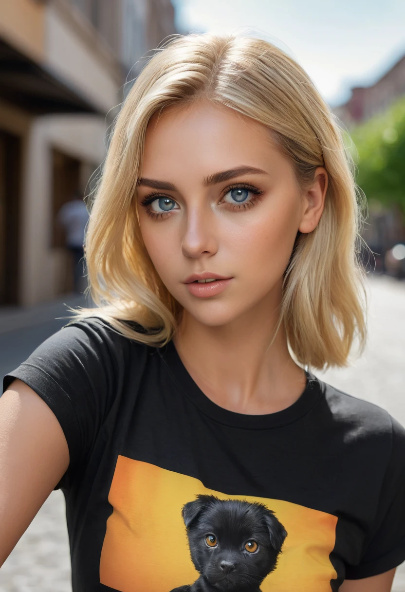 (8k, RAW Photos, Superior quality, Masterpiece: 1.2), ultra detail, Super resolution, (real, real photos: 1.37), plain black t-shirt, Blonde, amber eyes, model, street backgorund, realistic background, realistic face, amber eyes, big tits, full photo