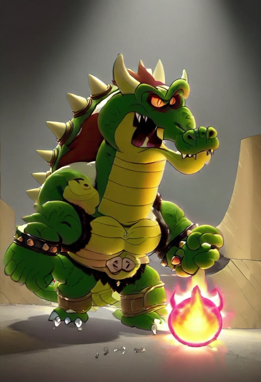 muscular bara bowser, two arms, wearing a leather harness, aggressively flexing, generous large ginger beard, pierced nipples, pierced nose, heavy gold nose ring, dragon scales, large grimacing smile, hard tight vascular body, ripped muscularity, low body fat, shredded body, ripped clothes, hyper erect penis, hyper balls, copious amount of vicious liquid, heavy cum load, detailed skin, skin blemishes, full body shot, background ruined castle, background cinematic Hollywood movie style, light depth of field, vignette, highly detailed, high budget