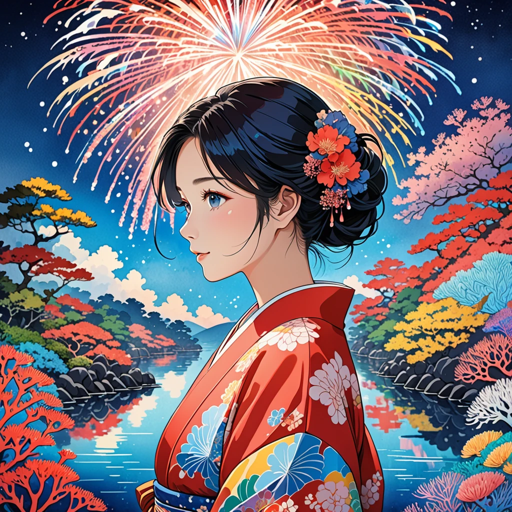 Microphotography, Anime girl made of glass in kimono silhouette, vibrant rainbow river, fireworks in night sky, colorful coral reefs, detailed illustration, Ukiyo-e style