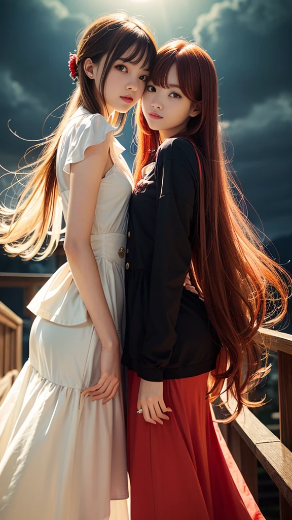 (Natural strawberry blonde and redhead girls with pretty faces), Cute pose, wearing a button dress, Atmospheric, Dark atmosphere, Edge lighting, Sayaka Yamamoto, Saito Asuka, Mao Akiyama&#39;s facial features, 8K, Full 体 portrait, Elegant outfit, Natural light, Spooky greenhouse at night, Sharp focus, (Highly detailed eyes and face:1.1, Professional photography techniques), (Beautiful small face, beautiful girl, high school student, Idol Face, Baby Face:1.4), smile, Happy, K UHD, Beautiful and soft skin, Vibrant Skin, blush, (Chirarizum:1.3, Unbutton the dress:1.5), ((Beautiful breasts:1.2, Cleavage)), (Small beautiful butt), (Detailed hands:1.1, The optimal ratio is four fingers to one thumb), Perfect proportions, (Perfect Anatomy:1.3), (Highest quality, Masterpiece, Highest quality, Ultra high definition, Photorealism:1.4), ((Touching each other&#39;s breasts:1.4)), (Beautiful hair blowing in the wind:1.4)