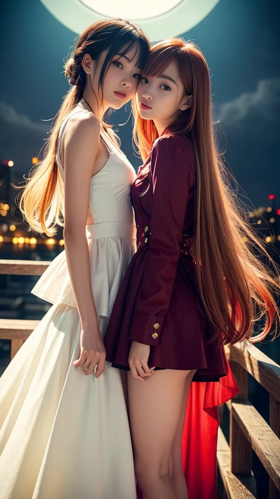 (Natural strawberry blonde and redhead girls with pretty faces), Cute pose, wearing a button dress, Atmospheric, Dark atmosphere, Edge lighting, Sayaka Yamamoto, Saito Asuka, Mao Akiyama&#39;s facial features, 8K, Full 体 portrait, Elegant outfit, Natural light, Spooky greenhouse at night, Sharp focus, (Highly detailed eyes and face:1.2, Professional photography techniques), (Beautiful small face, beautiful girl, high school student, Idol Face, Baby Face:1.4), smile, Happy, K UHD, Beautiful and soft skin, Vibrant Skin, blush, (Chirarizum:1.3, Unbutton the dress:1.5), ((Beautiful breasts:1.2, Cleavage)), (Small beautiful butt), (Detailed hands:1.1, The optimal ratio is four fingers to one thumb), Perfect proportions, (Perfect Anatomy:1.3), (Highest quality, Masterpiece, Highest quality, Ultra high definition, Photorealism:1.4), ((Touching each other&#39;s breasts:1.4)), (Beautiful hair blowing in the wind:1.4)