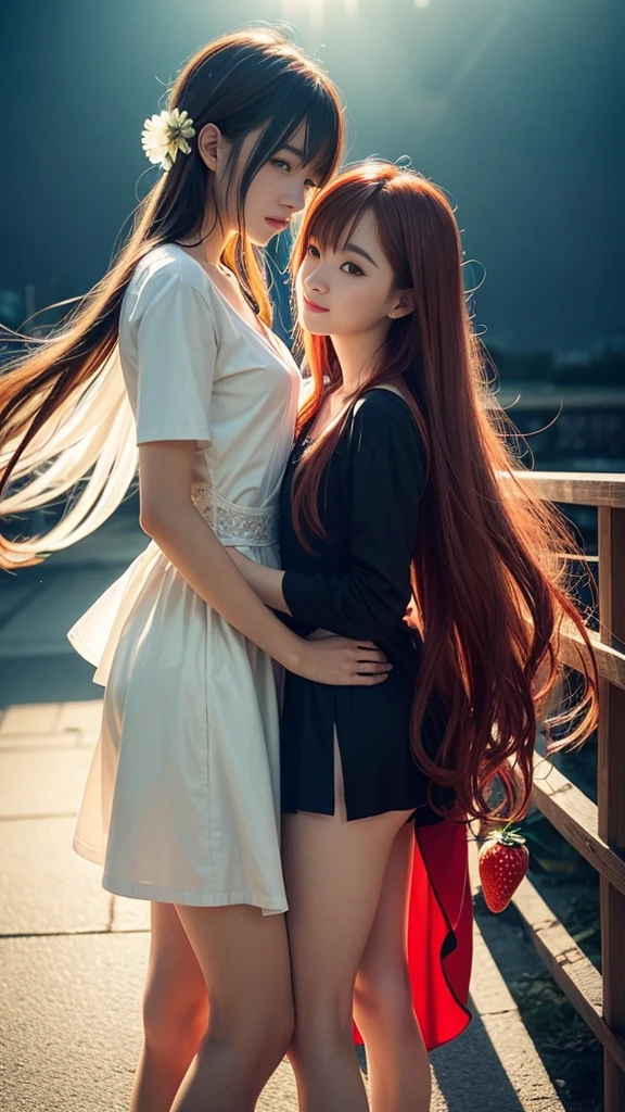 (Natural strawberry blonde and redhead girls with pretty faces), Cute pose, wearing a button dress, Atmospheric, Dark atmosphere, Edge lighting, Sayaka Yamamoto, Saito Asuka, Mao Akiyama&#39;s facial features, 8K, Full 体 portrait, Elegant outfit, Natural light, Spooky greenhouse at night, Sharp focus, (Highly detailed eyes and face:1.1, Professional photography techniques), (Beautiful small face, beautiful girl, high school student, Idol Face, Baby Face:1.4), smile, Happy, K UHD, Beautiful and soft skin, Vibrant Skin, blush, (Chirarizum:1.3, Unbutton the dress:1.5), ((Beautiful breasts:1.2, Cleavage)), (Small beautiful butt), (Detailed hands:1.1, The optimal ratio is four fingers to one thumb), Perfect proportions, (Perfect Anatomy:1.3), (Highest quality, Masterpiece, Highest quality, Ultra high definition, Photorealism:1.4), ((Touching each other&#39;s breasts:1.4)), (Beautiful hair blowing in the wind:1.4)