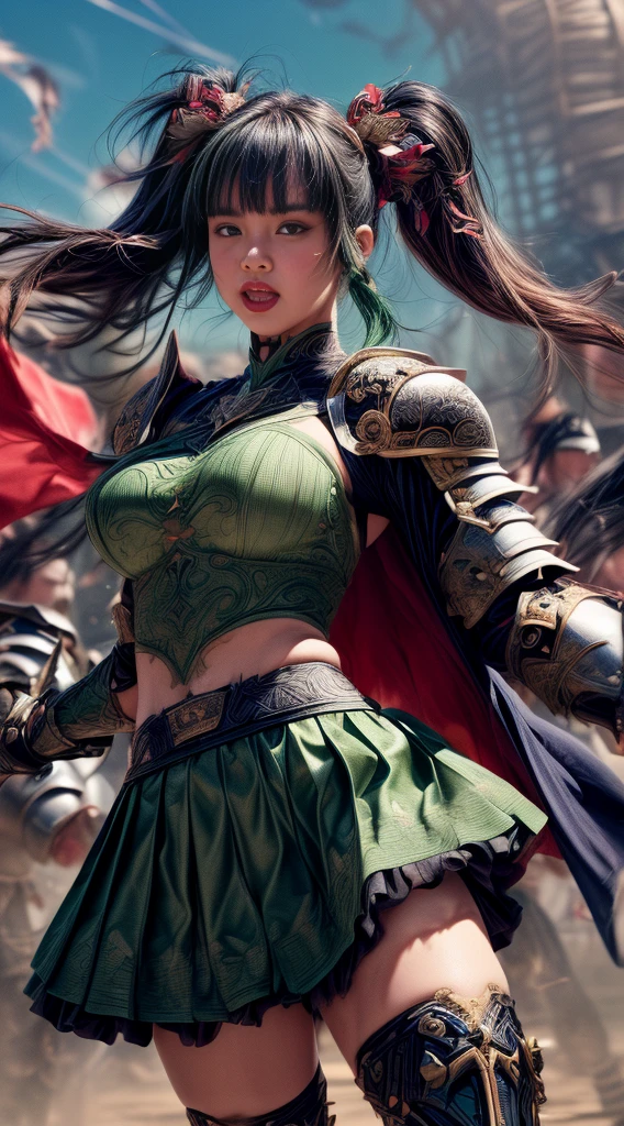 Very beautiful girl、Laughter、thin、(((Low length)))、(Detailed face)、Realistic Skin、((Holy Knight)), ((Dark green armor))、((((A black armor with extremely detailed and intricate decoration.:1.1))))、((Delicate photo))，(Girl Astepeace RAW Photo Details:1.25), (Highest quality:1.6), (Ultra-high resolution:1.5), (Realistic:1.75), 8K resolution, Canon EOS R5, 50mm, Absurd, Super detailed,Cinema Lighting,((Fightfield))、((Fight))、(((Decorative green skirt)))、Thigh-high socks、Shingard、((Dark green hair))、((Twin tails))、((Hairstyle with bangs))、Get a six pack、Cape、Beautiful Armor、(((Has a huge weapon)))、(In combat)、The wind is blowing、((Symmetrical armor))、((((tornado))))、(((Lead a large group of knights:1.2)))、banner、Lion-themed armor