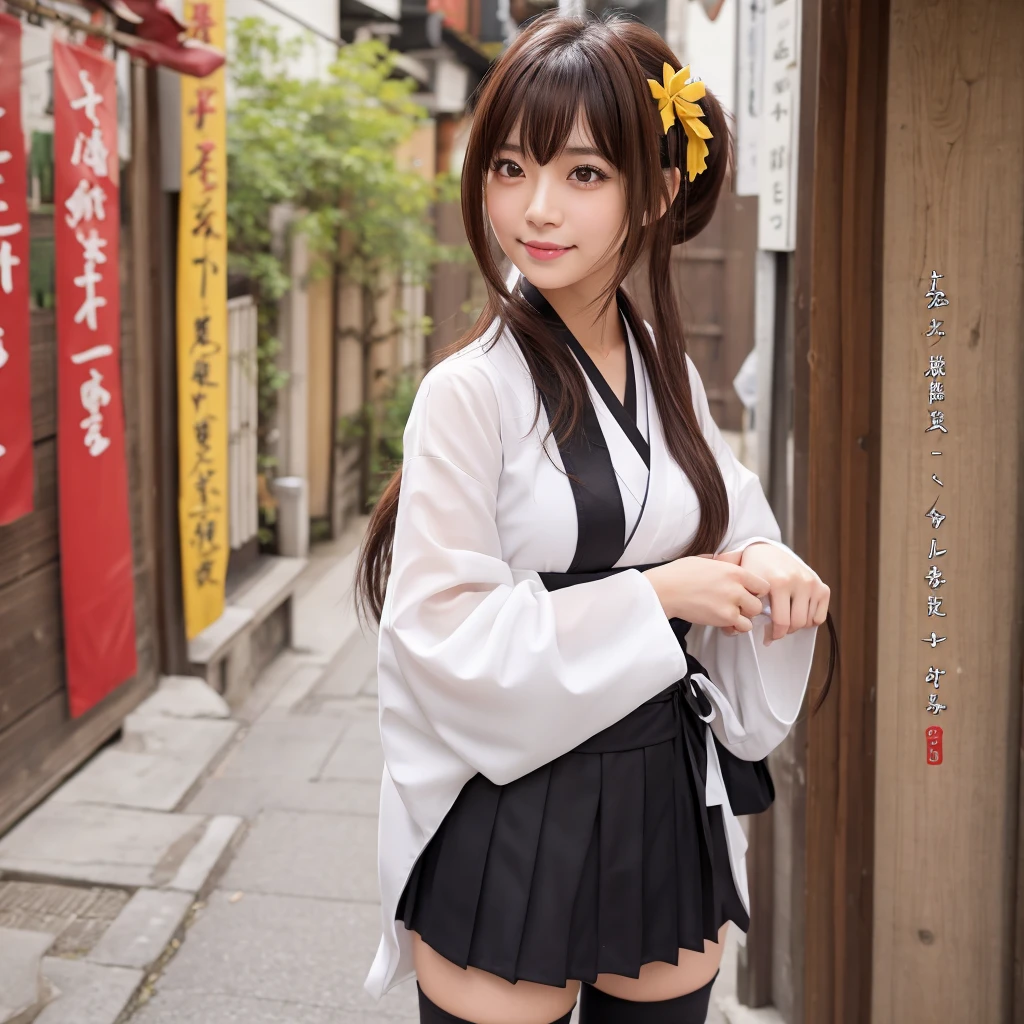 1girl, solo, long hair, breasts, looking at viewer, blush, smile, bangs, skirt, large breasts, simple background, black hair, hair ornament, thighhighs, long sleeves, white background, brown eyes, closed mouth, collarbone, yellow eyes, ponytail, heart, sidelocks, thighs, japanese clothes, wide sleeves, kimono, white thighhighs, zettai ryouiki, sash, obi, high ponytail, hand on own chest, ribbon trim, hakama, hakama skirt, white kimono, miko, hakama short skirt