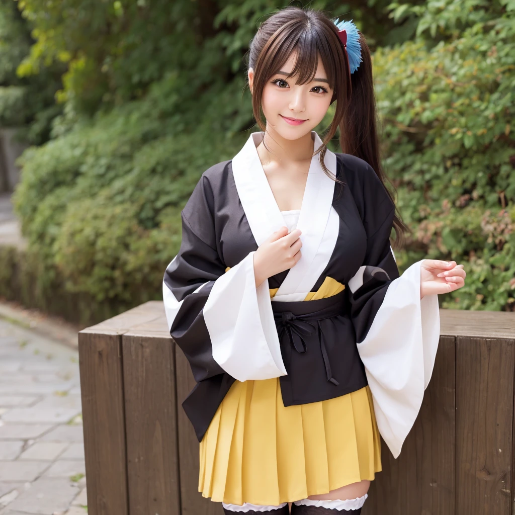 1girl, solo, long hair, breasts, looking at viewer, blush, smile, bangs, skirt, large breasts, simple background, black hair, hair ornament, thighhighs, long sleeves, white background, brown eyes, closed mouth, collarbone, yellow eyes, ponytail, heart, sidelocks, thighs, japanese clothes, wide sleeves, kimono, white thighhighs, zettai ryouiki, sash, obi, high ponytail, hand on own chest, ribbon trim, hakama, hakama skirt, white kimono, miko, hakama short skirt