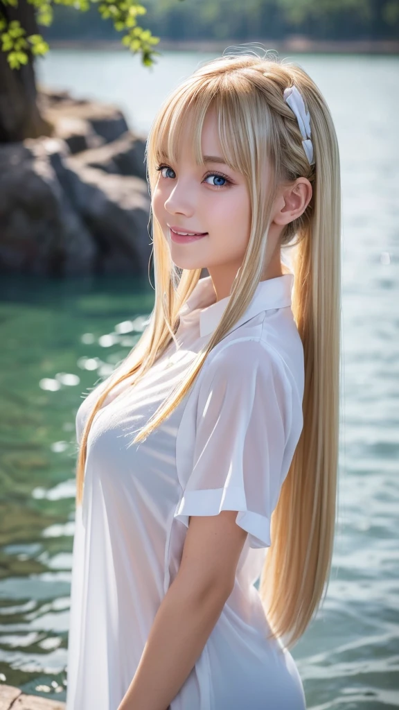 (highest quality, 32K, High resolution, masterpiece:1.2), Haunting fantasy portrait in abstract style, ((In a swirl of fantastic colors and soft light)), Evoking a sense of soothing tranquility and elusive beauty, Award-winning masterpiece with amazing details, Refreshing summer image, beautiful japanese girl, 16 years old, slender body shape, ((Shiny platinum blonde super long straight hair)), asymmetrical bangs, big magical eyes, High resolutionの潤んだ瞳, smooth soft skin, pale pink lips, natural makeup, fleeting smile, ((Completely naked, back view, Turn around)), High resolution perfect shoulders, beautiful back, High resolutionの美しい太もも, resort beach, Cobalt blue transparent sea, detailed blue sky, White sand beach, Colorful soft sunlight, professional lighting, professional photographer, Professional models, mysterious