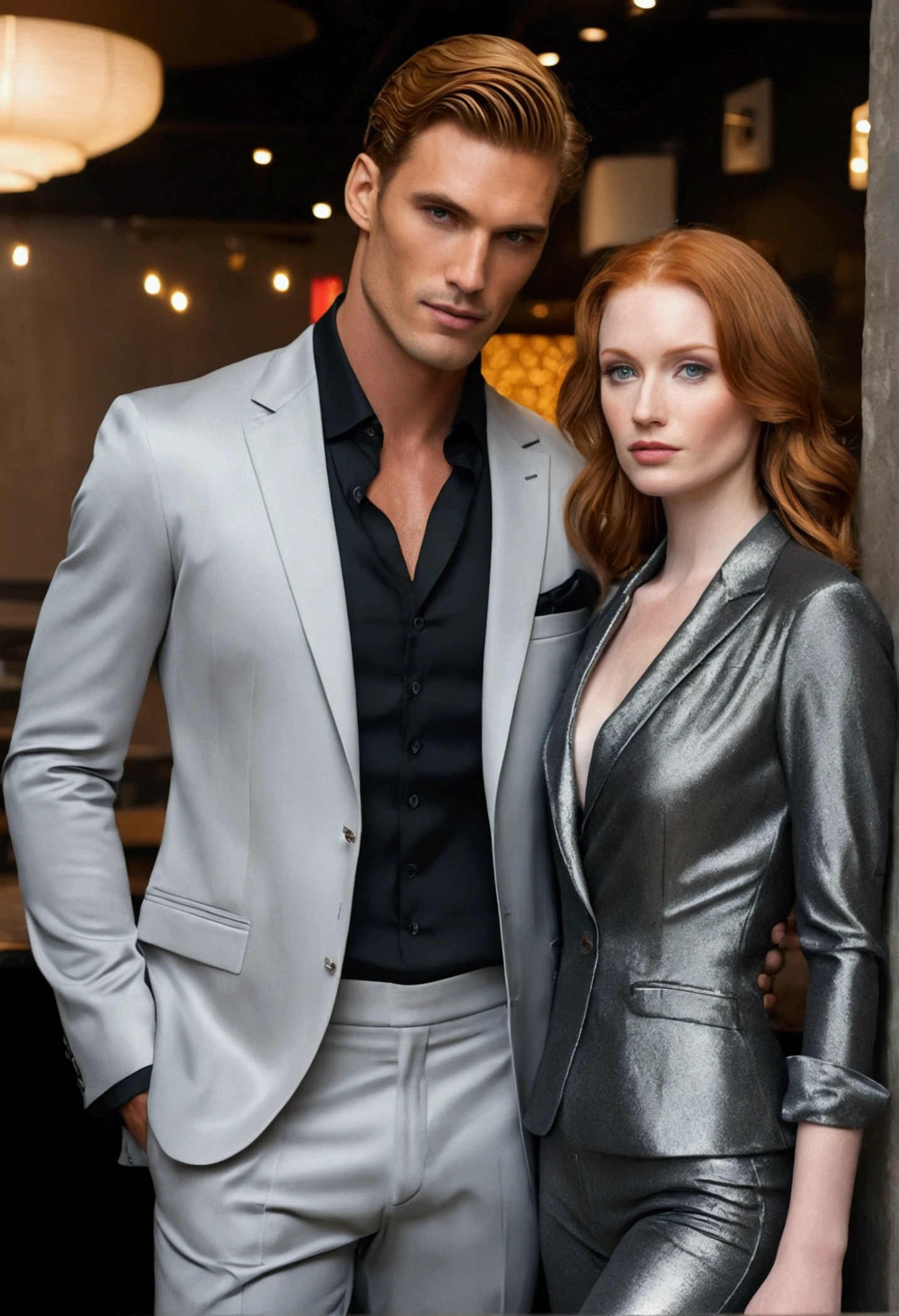 A tall handsome man, dressed in a light gray Armani suit dark blond hair, his chiseled jaw and stubble, he faces a beautiful redheaded woman dressed in pants, a shiny black blouse, well made up, she is wearing beautiful silver heels.
The two are in the bar with nightclub lights.