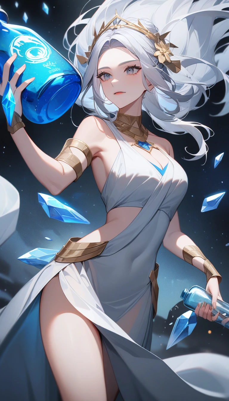 (Huang Li、high quality、Extremely detailed),Constellation Aquarius Goddess,Giant drifting bottle,Woman holding a drift bottle,Similar to Latin goodness,brave,capricious,Productivity,The face of enterprising and humanitarianism,Short blue and white hair,Ancient Greek costumes、Wrap Dress,The background is the universe,Crystal black eyes(Eyes Details),Powerful appearance