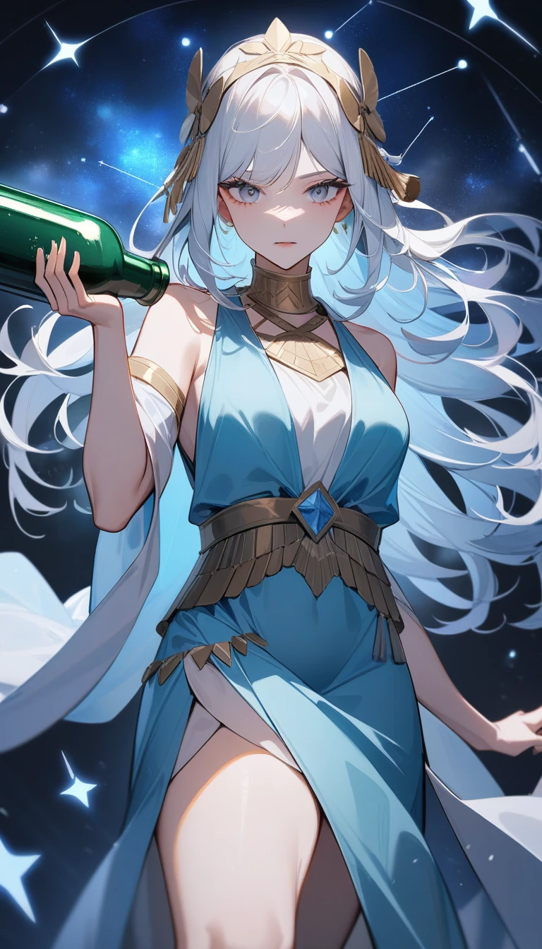 （Huang Li、high quality、Extremely detailed），Constellation Aquarius Goddess，Giant drifting bottle，Woman holding a drift bottle，Similar to Latin goodness，brave，capricious，Productivity，The face of enterprising and humanitarianism，Short blue and white hair，Ancient Greek costumes、Wrap Dress，The background is the universe，Crystal black eyes（Eyes Details），Powerful appearance