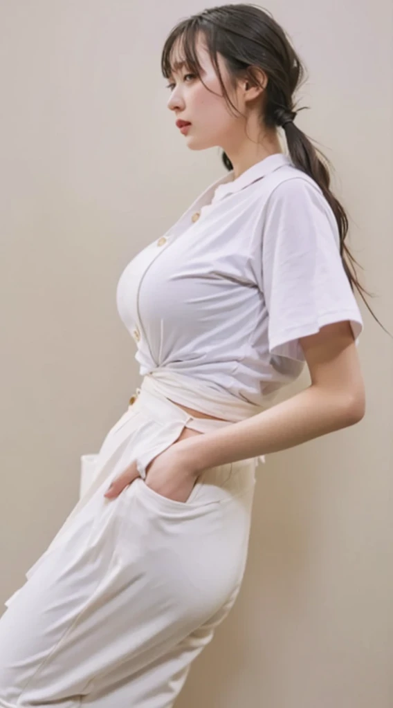 ((Highest quality, 8K, masterpiece: 1.3)), sharp: 1.2, Perfect Body Beauty: 1.4, Slim Abs: 1.2, ((Layered Hairstyles, Big Breasts: 1.2)), (濡れた White Button Long Shirt: 1.1), (nude: 1.2), Close your face: 1.5, Highly detailed face and skin texture, Beautiful Eyes, double eyelid, Side view of the camera