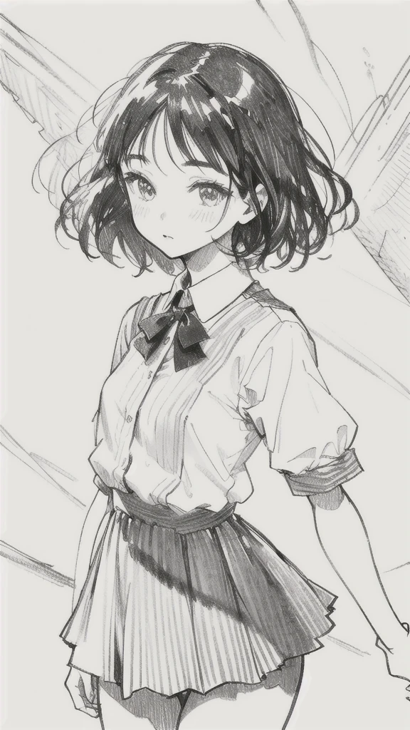 One Girl,Line art,Monochrome,sketch,Pencil drawing,Traditional Media,One Girl, skirt,Cute Teenage Girls, ,Beautiful portrait、Delicate body、Black Hair、Black Hair,landscape,Dynamic pose,