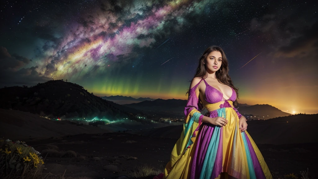 Background: a realm where galaxies collide and celestial clouds swirl. A glow from a thousand cosmic furnaces. Add bright, contrasting swirls of yellow, red, purple and green. Add lots of bright, contrasting colors. Add bright, contrasting swirls of yellow, red, purple and green. Add lots of bright, contrasting colors. Add bright, contrasting swirls of yellow, red, purple and green. Add lots of bright, contrasting colors. Add wide swaths of contrasting colors as clouds, rainbows, nebulaes, stars... lots of colors, bright contrasting colors.
Foreground: a beautiful woman is standing, looking directly at the camera, divine, regal, celestial in appearance. She has long, flowing, dark hair, wide eyes, wearing a long sheer gown cut low in the front, revealing ample cleavage, and cut up the side to her hip.
