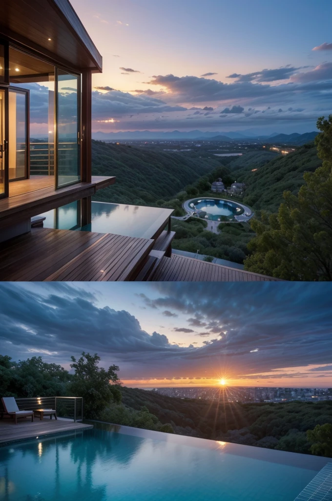 Generate a high resolution image with realistic details of a hotel that has a Zaha Hadid style building with wood and metal texture, the hotel must have infinity pool with landscape to the horizon, the landscape must have a twilight with farm sunset in high quality