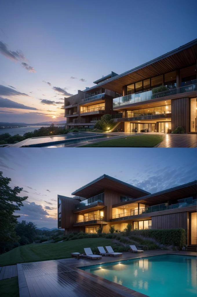 Generate a high resolution image with realistic details of a hotel that has a Zaha Hadid style building with wood and metal texture, the hotel must have infinity pool with landscape to the horizon, the landscape must have a twilight with farm sunset in high quality