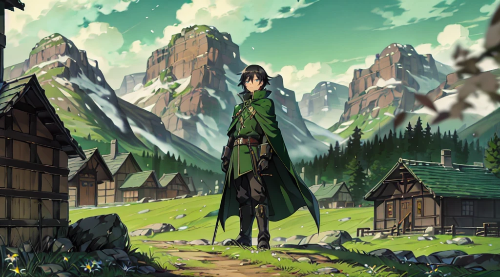 yuichiro hyakuya, (WithoutFear:1), 1 boy, black hair, green eyes, brown coat, gray armor, green shield, green cloak, dark brown gloves, town, white fur trim, tall, anime, standing, good quality, portrait, looking at viewer