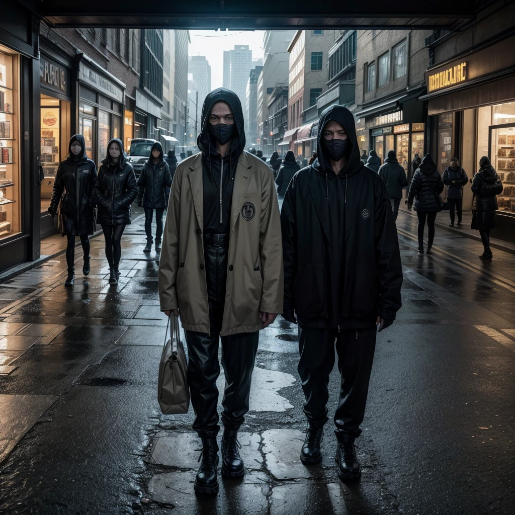 Create an ultra-realistic, abstract art piece that delves into the disturbing concept of false freedom. The scene should depict a group of people wandering aimlessly like zombies, engrossed in their cell phones, as they move through a desolate, commercial landscape filled with decaying stores and flashing advertisements. These individuals should appear hollow and vacant, symbolizing the emptiness inside them.
The people should be depicted as overweight, symbolizing overindulgence and the constant chase for the latest novelty. They should have blank, lifeless expressions, further emphasizing their detachment from reality. The environment should be filled with elements that create a sense of horror and despair, such as flickering neon signs, dark alleyways, and eerie, abandoned storefronts.
Incorporate disturbing elements from horror movies, like twisted, shadowy figures lurking in the background, broken mirrors reflecting distorted images, and tattered, blood-stained mannequins. The atmosphere should be somber and oppressive, with a dark, muted color palette and sharp contrasts to enhance the eerie mood.
Include symbols of consumerism and the rat race, such as endless rows of identical products, escalators leading to nowhere, and advertisements promoting false happiness. The overall scene should provoke a deep sense of unease and contemplation, highlighting the sinister nature of a society obsessed with superficial desires and mindless consumption."