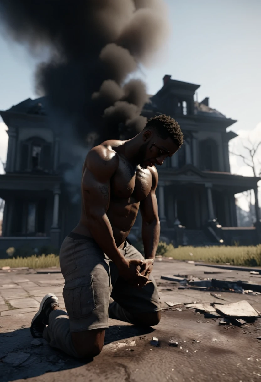 side angle view of a black man on his knees crying, in background a burnt mansion with black smoke rising from it, 32k, ultra HD, unreal engine rendered, cinematic lighting,