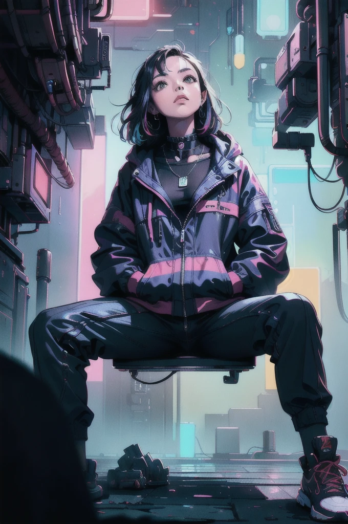 (masterpiece:1.1), (Highest quality:1.1), (detailed:1.1), (Vibrant colors:1.2), break,
(Side view:1.0), (One girl:1.0), (Techwear:1.0), (Sitting:1.0), (tilt your head back:1.2), (look up:1.2), (Put your hands in your pockets:1.0), (cyber punk:1.0), break,
(Starry Night:1.0), (neon:1.1), (Low - Angle:1.0), (From below:1.2), (sityscape:1.2), break,
(cyber punk:1.0), (the 90s), (Retro:1.0), (Synthwave:1.0),