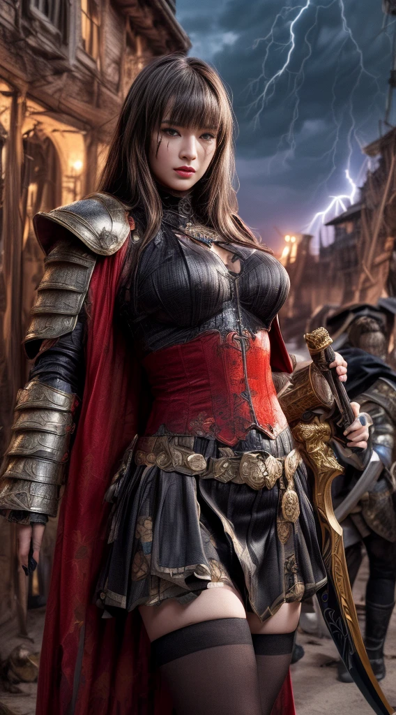(Meisterwerk, digital art) very slim athletic, medieval beautiful sexy heavy armor plate mail style exagerated red and white dirndl octoberfest megan fox, heavily armored sword, dramatic lighting,battlefield, bloody