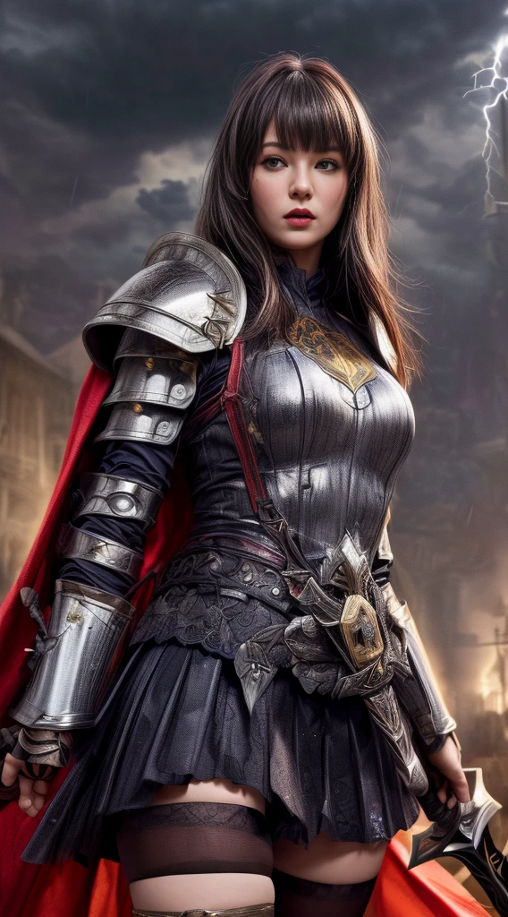 photograph of a dark-haired woman with curls tousled by the wind, intertwined hair, (Battlefield, war, blood, medieval battle, medieval warfield, earth, dust, dust in the wind, stained with blood, face stained with blood, armor stained with blood), deep neckline, full skirt flying in the wind, like a flame against the twilight sky., radiating unrestrained beauty, small breasts, ( Wearing black metallic war armor with red line details and black metallic scales, female war armor is, Armor with torn black cape, cape, helmet, helmet on the head), a big smile on her face. 1 solo, Style: portrait, blurred background f1.2, full HD resolution, 8k, Dark vignette at the edges, cinematic effect with soft shadows and light and shadow curve at -10, best quality, professional realistic, detailed eye, double eyelid, brighten skin, real hair, realistic skin texture, Masterpiece texture, realistic clothing texture, perfect face and body, Never show hands, hidden hands, blurred hands.