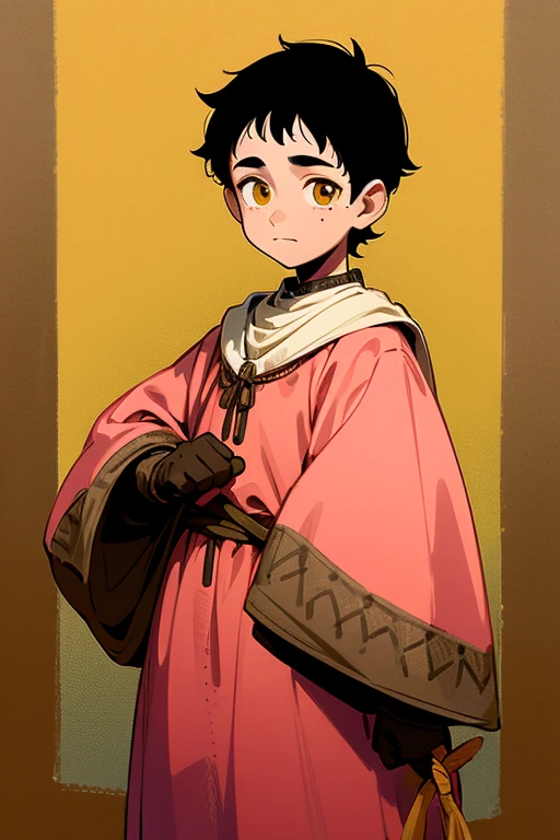 12 year old boy, dark and very short black hair, yellow eyes, fabric medieval clothes, 1,20m de altura, with freckles on the cheeks, brown and salmon pink clothes, a little dark circles in the eyes