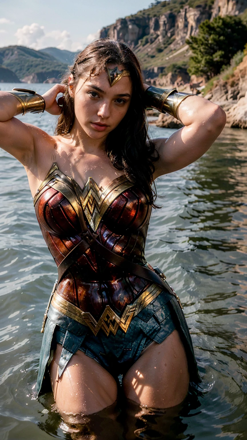 ((masterpiece), (solo character), (photorealistic:1.4), ),(best quality), (epiCRealLife), (g4lg), (g4lg large breasts), (g4lg show cleavages), (Gal Godot in wonder woman costume), (lora:epiCFlashPhoto),(flashphoto), (flash photography) (look at viewers), , (photoshoot), (wonder woman theme), (outdoor), (daytime), (Gal Godot in the lake), (g4lg body in water),  (poses for pictures)