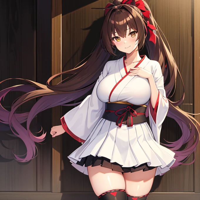 1girl, solo, long hair, breasts, looking at viewer, blush, smile, bangs, skirt, large breasts, simple background, black hair, hair ornament, thighhighs, long sleeves, white background, brown eyes, closed mouth, collarbone, yellow eyes, ponytail, heart, sidelocks, thighs, japanese clothes, wide sleeves, kimono, white thighhighs, zettai ryouiki, sash, obi, high ponytail, hand on own chest, ribbon trim, hakama, hakama skirt, white kimono, miko, hakama short skirt