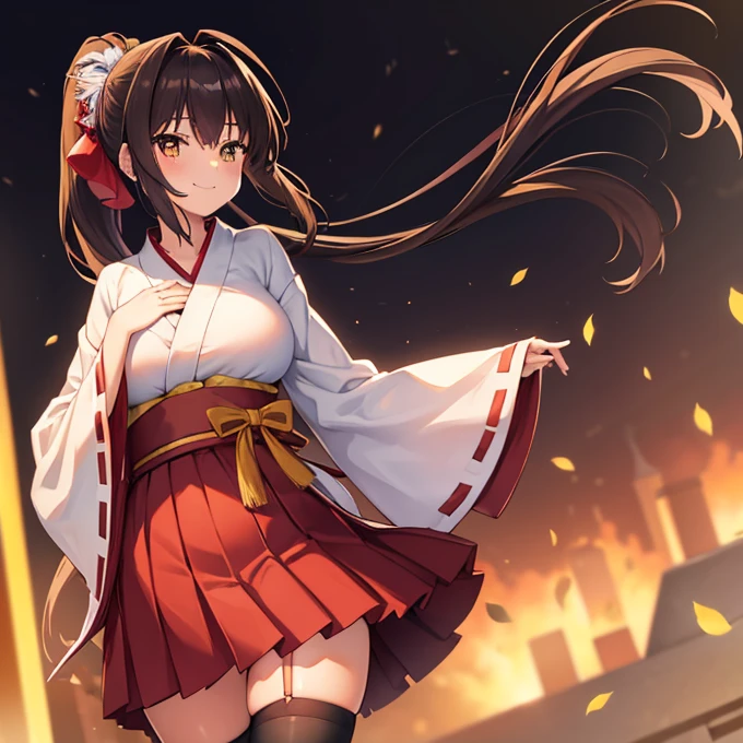 1girl, solo, long hair, breasts, looking at viewer, blush, smile, bangs, skirt, large breasts, simple background, black hair, hair ornament, thighhighs, long sleeves, white background, brown eyes, closed mouth, collarbone, yellow eyes, ponytail, heart, sidelocks, thighs, japanese clothes, wide sleeves, kimono, white thighhighs, zettai ryouiki, sash, obi, high ponytail, hand on own chest, ribbon trim, hakama, hakama skirt, white kimono, miko, hakama short skirt