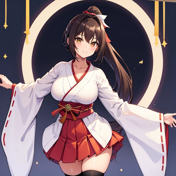 1girl, solo, long hair, breasts, looking at viewer, blush, smile, bangs, skirt, large breasts, simple background, black hair, hair ornament, thighhighs, long sleeves, white background, brown eyes, closed mouth, collarbone, yellow eyes, ponytail, heart, sidelocks, thighs, japanese clothes, wide sleeves, kimono, white thighhighs, zettai ryouiki, sash, obi, high ponytail, hand on own chest, ribbon trim, hakama, hakama skirt, white kimono, miko, hakama short skirt