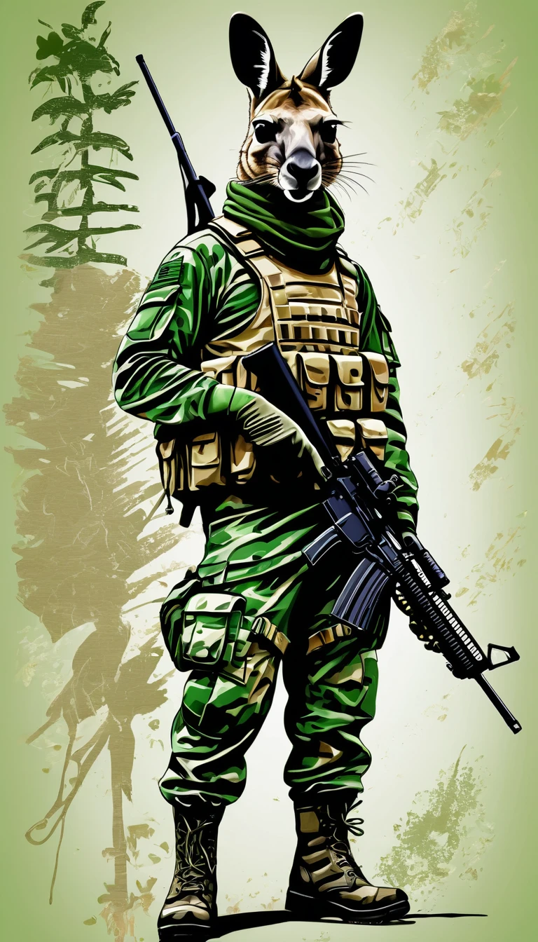 A muscular kangaroo dressed in a military uniform of green berets and dark green camouflage military pants, with military boots, camouflage helmet, Akm rifle, illustration, text watermark signature (Atipiri), at the bottom right, typography ,