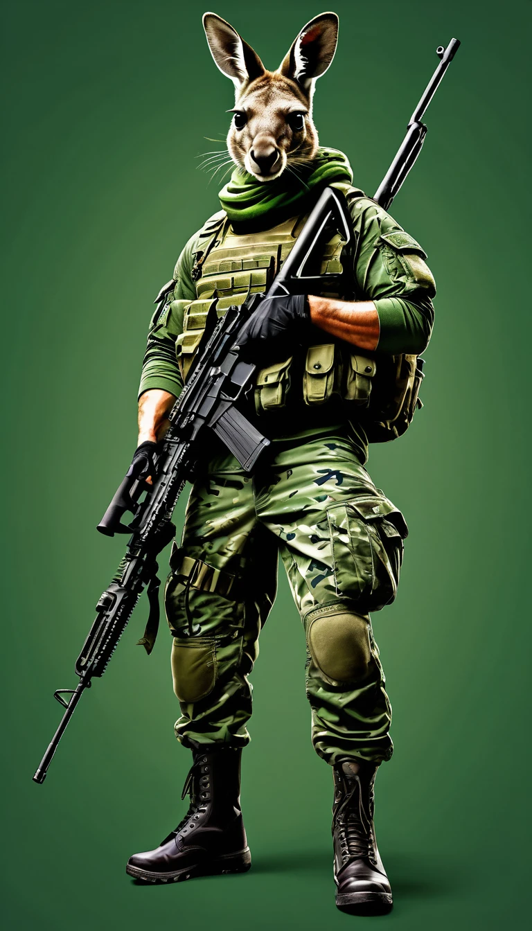 A muscular kangaroo dressed in a military uniform of green berets and dark green camouflage military pants, with military boots, camouflage helmet, Akm rifle, illustration, text watermark signature (Atipiri), at the bottom right, typography ,
