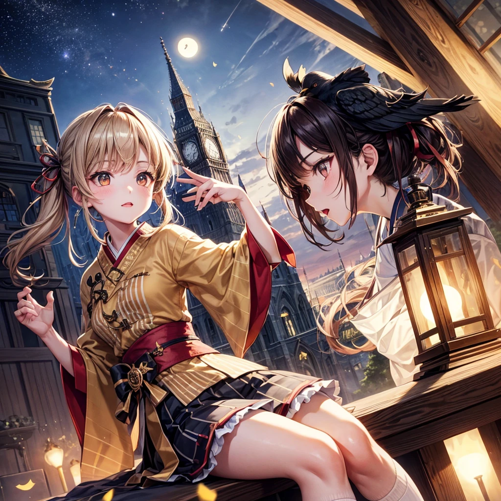 Brown and gold hair、Red gold eyes、Hair tied up、One good looking girl、solo、anime、Checkered mini skirt、Ruffles on the skirt、Checked dress、blouse、Kimono、button、geta、Black knee-high socks、Ribbon、Ribbon on waist、Teeth are visible、Starry Sky、Midnight Moon、Confetti、Brick construction、The scenery is reflected on the water、Sitting on the roof、Legendary Sword、A crow is flying、clock tower