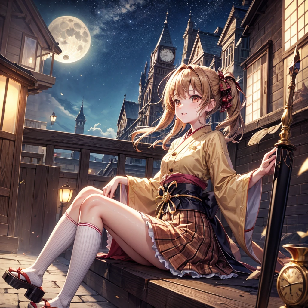 Brown and gold hair、Red gold eyes、Hair tied up、One good looking girl、solo、anime、Checkered mini skirt、Ruffles on the skirt、Checked dress、blouse、Kimono、button、geta、Black knee-high socks、Ribbon、Ribbon on waist、Teeth are visible、Starry Sky、Midnight Moon、Confetti、Brick construction、The scenery is reflected on the water、Sitting on the roof、Legendary Sword、A crow is flying、clock tower