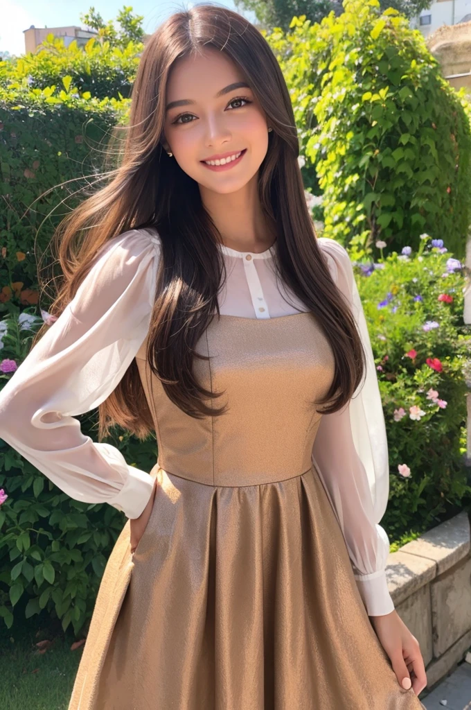 European beauty, stylish dress, long hair, smiling face