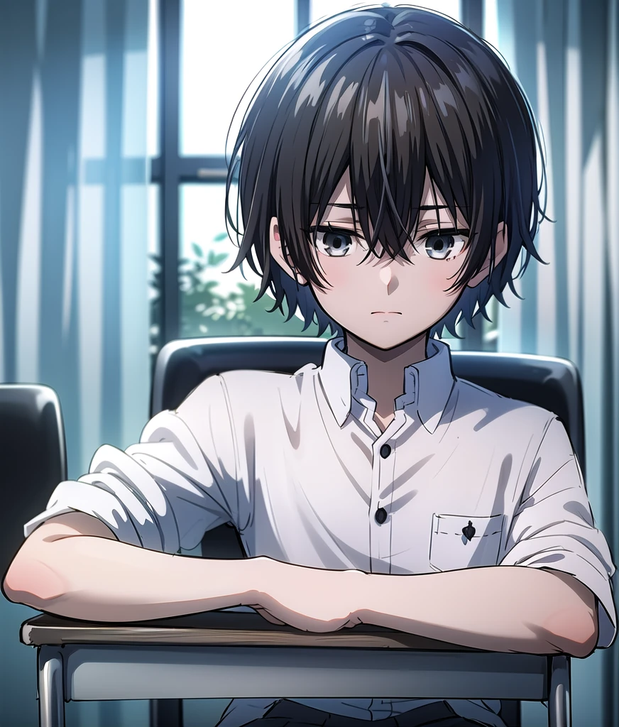 ((best quality)), ((masterpiece)), (detailed), boy, high , uniform, bored look, blank look, disinterested look, resting on desk, school chair, empty classroom, black hair, black eyes, sketch, alone, short hair. half body, face, gloomy, dark eyes, manga, light novel, illustration, solo.