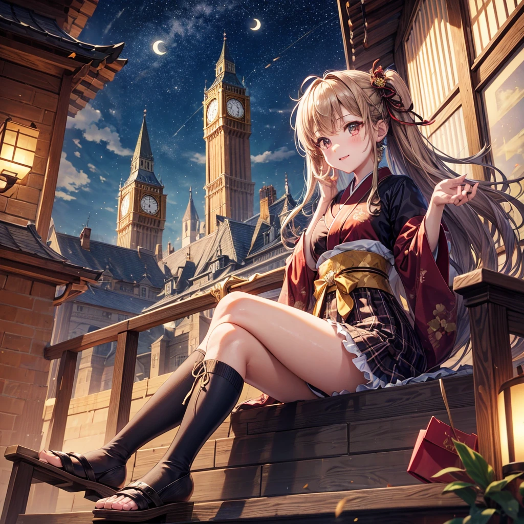 Brown and gold hair、Red gold eyes、Hair tied up、One good looking girl、solo、anime、Checkered mini skirt、Ruffles on the skirt、Checked dress、blouse、Kimono、button、geta、Black knee-high socks、Ribbon、Ribbon on waist、Teeth are visible、Starry Sky、Midnight Moon、Confetti、Brick construction、The scenery is reflected on the water、Sitting on the roof、Legendary Sword、A crow is flying、clock tower