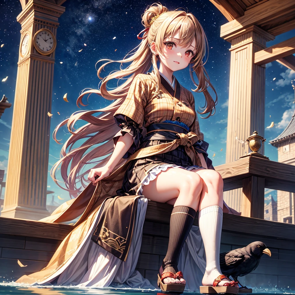 Brown and gold hair、Red gold eyes、Hair tied up、One good looking girl、solo、anime、Checkered mini skirt、Ruffles on the skirt、Checked dress、blouse、Kimono、button、geta、Black knee-high socks、Ribbon、Ribbon on waist、Teeth are visible、Starry Sky、Midnight Moon、Confetti、Brick construction、The scenery is reflected on the water、Sitting on the roof、Legendary Sword、A crow is flying、clock tower