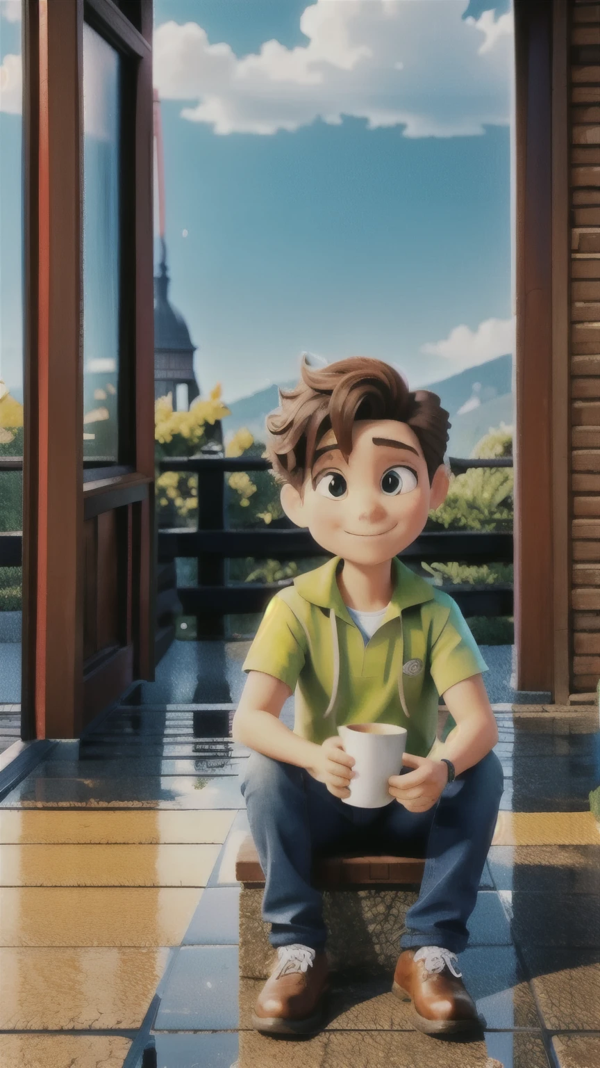 A MAN SITTING ON A STOCK IN A RICE HOT, HOLDING A CUP OF COFFEE WHILE SMOKING, A VIEW OF GREEN FIELDS AND PICE, IT WAS RAINING.