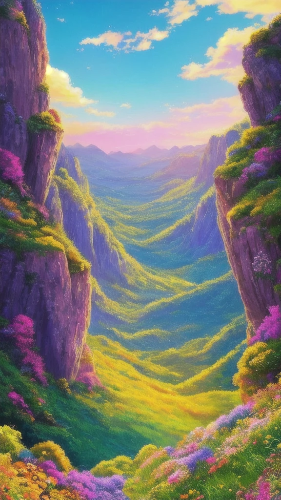 high details anime-style illustration, The image shows a young woman sitting on the grass watching overlooks the vast expanse of clear blue sky and mountain, flower colorful color blue red green purple yellow, fantasy world medieval, rocks, The scene is depicted in a highly saturated and vibrant style, Vibrant colors include deep purples, electric blues, neon pinks, and shimmering golds. The lighting is ethereal, intense and rich COLORS VIVID, strong exaggerated colors, glowing everywhere, dramatic lighting, epic, majestic, awe-inspiring, mystical, ethereal, The sky above is clear blue sky, The atmosphere is full of magical color films.