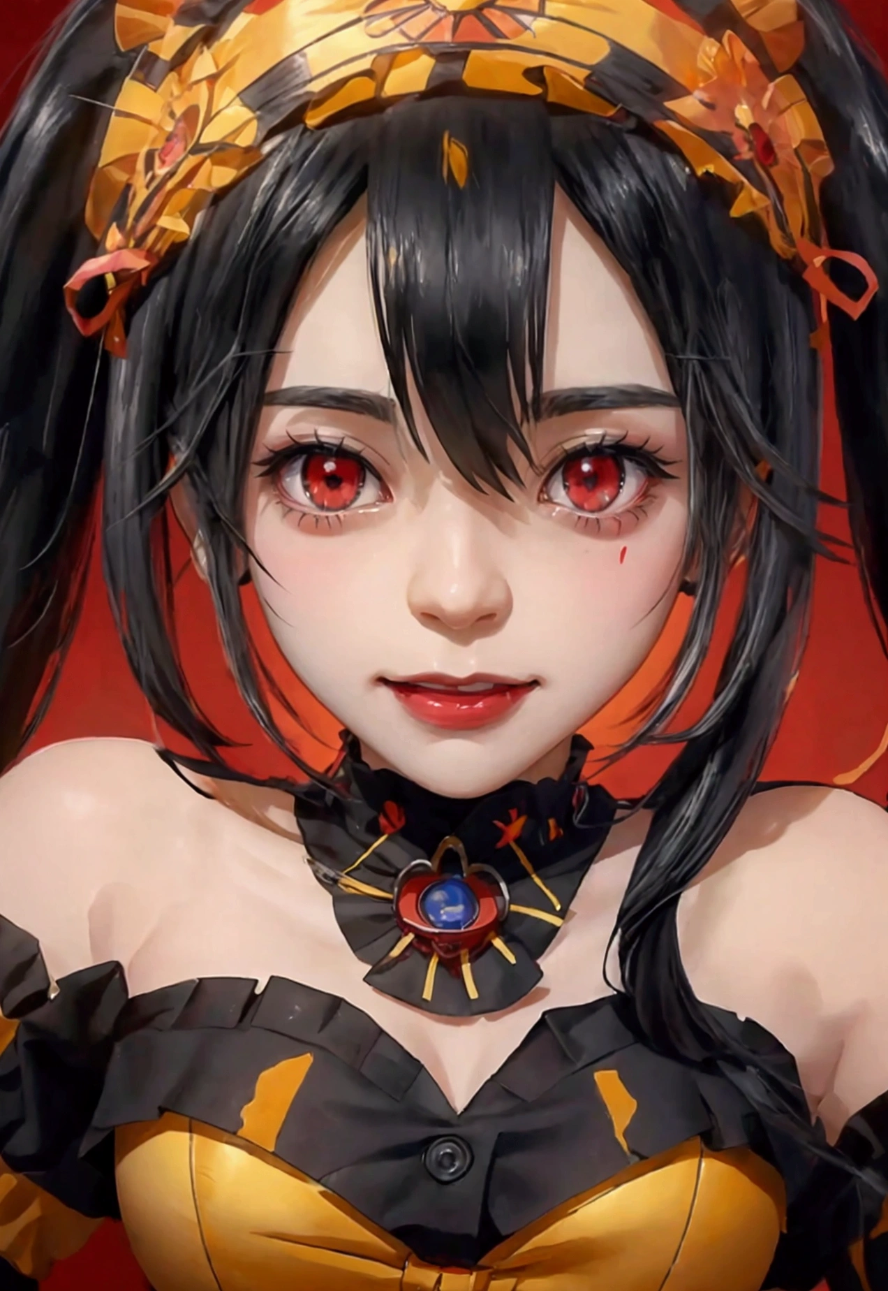 very detailed,very detailed,best quality,masterpiece,illustration, 
Anime girl with red and yellow eyes and black hair wearing a black shirt and red tie, Ahegao, Ahegao face, yandere, yandere intricate, very cute anime girl face, gapmoe yandere, gapmoe yandere grimdark, Black Anime Student In Her Eyes, pixiv 3dcg, Pixiv Top Rated, Popular on Pixiv, Visual Novel CG, lewd, Realistic animation style from pixiv, portrait gapmoe yandere grimdark, Blood dripping from my eyes, Drooling Sticky, ~was, Popular on Pixiv, Beautiful Anime Faces