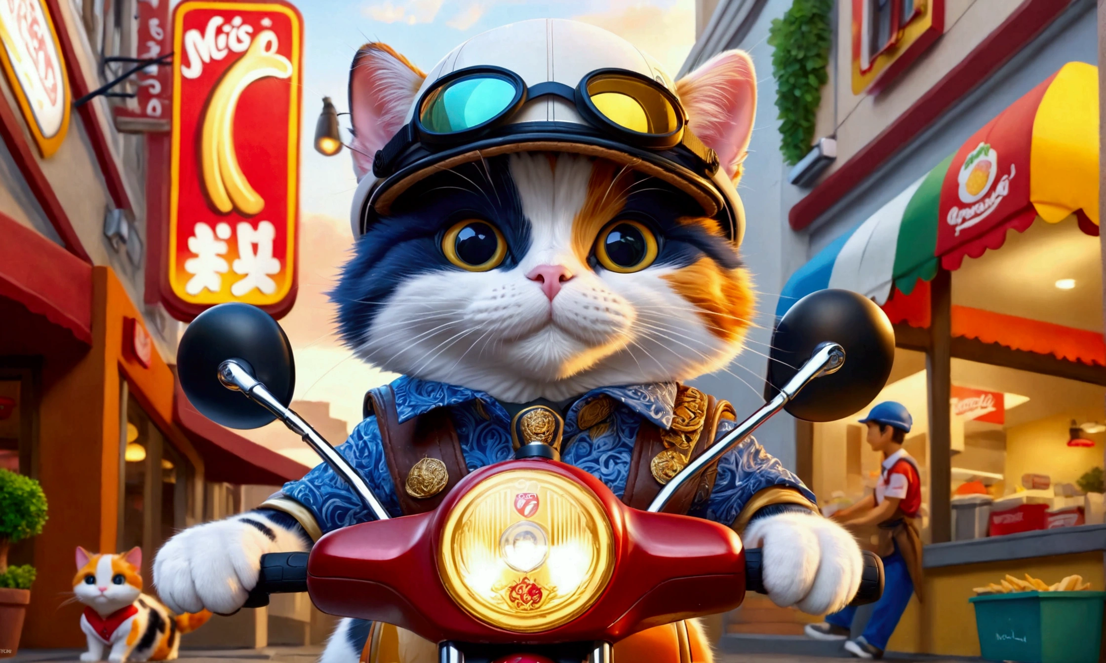 (Close-up of anthropomorphic calico cat riding scooter with:1.3) with cardboard boxes on its back, (stylish ornate branded shirt:1.2), (worker cap:1.2), (colorful apron:1.1), (background is fast food restaurant:1.1), intricate design, bright colors, masterpiece in maximum 16K resolution, best quality, ultra detailed, aesthetics, absurdes.