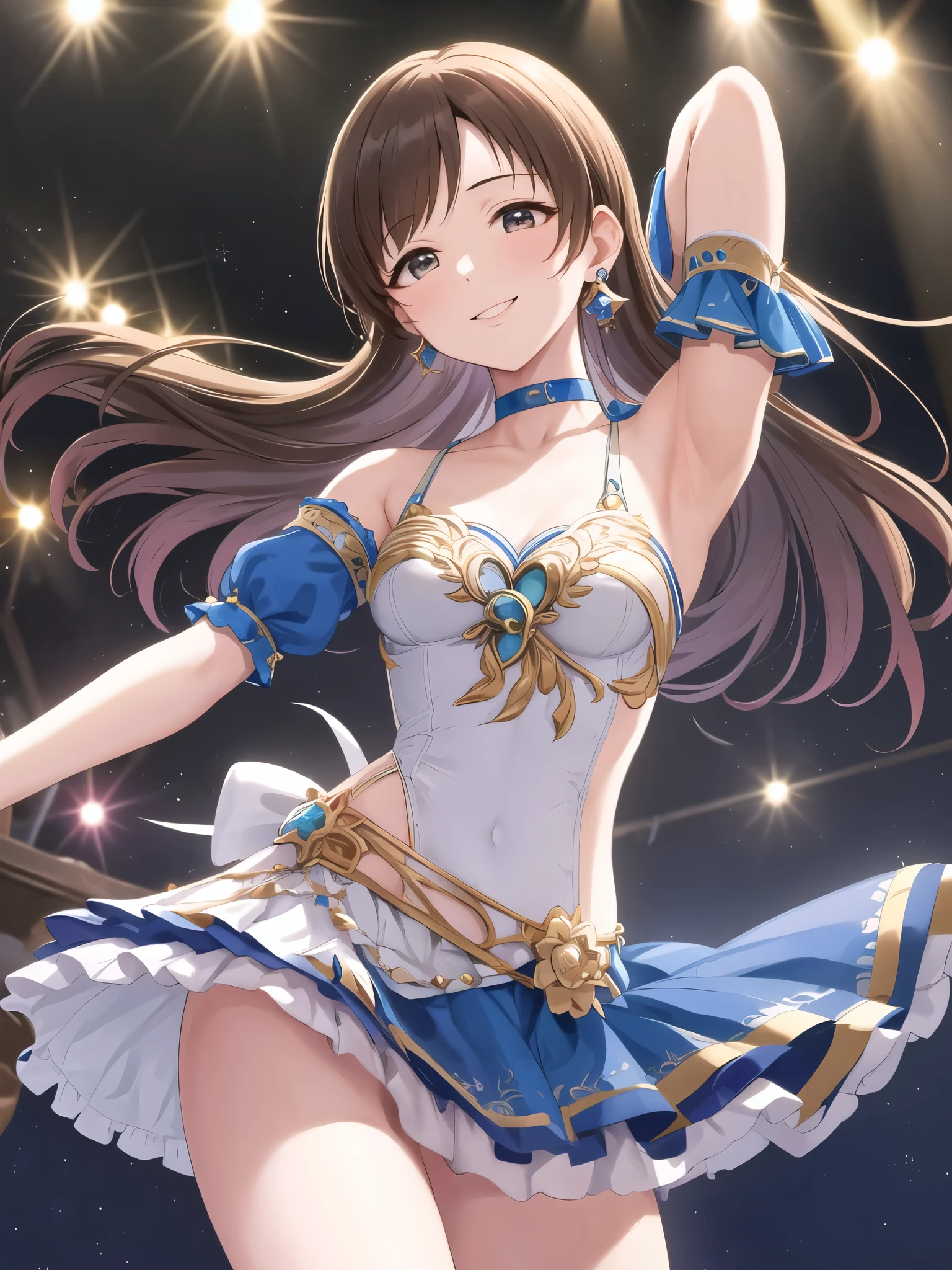 Armpit Show,masterpiece, Highest quality, High resolution, Aanitta, Long Hair, hair ornaments, Medium chest, Earrings, Blue choker, Idol Costumes, Blue clothes, Bare shoulders, No sleeve, Wrist cuff, Removable sleeves, smile, Are standing, Cowboy Shot, Idol Master, Arms at your sides, Straight,