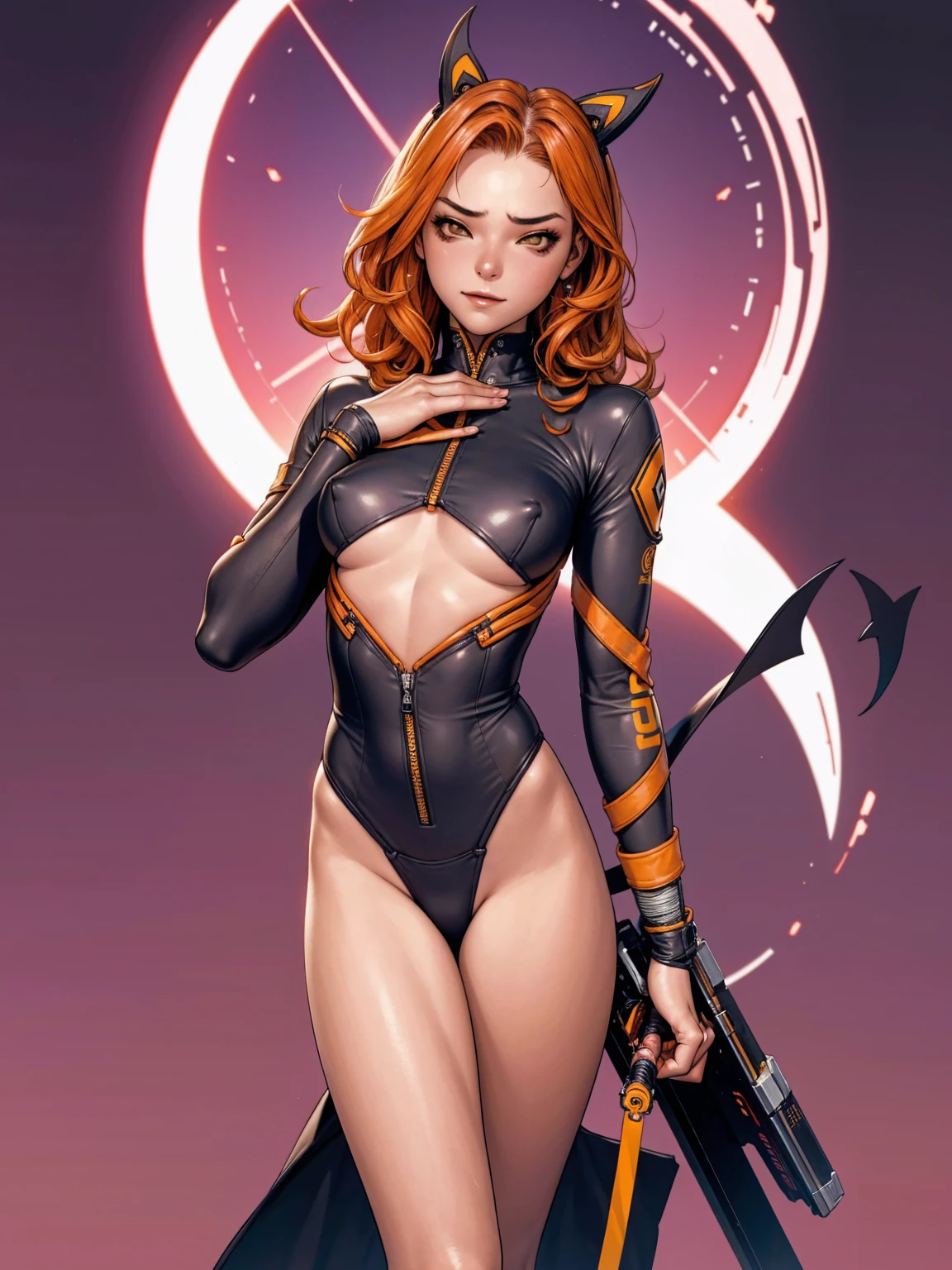 (((urban game wear))), ((( black blue and yellow suit ))), (((Bandaged body))), ((high collar)), (((corpo fitness))), (((best qualityer: 1.4))), (Unbeatable masterpiece), (hiper HD),(CG 8k hyper-realistic), (((brave face))), (((breasts small))), (((hyper feminine))), sexly girl, sucubus,((long curly hair)), ((( sculptural body ))), (((1 girl))), 15 year old cyber girl with perfect body,,Beautiful and well-groomed face,muscular body:1.2,solid color detailed jacket, (Head to thigh photos), complex outfit with graphic flames, (((standing alone))), violent brat, (((14歳))), sexly, pose de atitude, Create a cool character for a gacha game based on the game Zenless Zone Zero, female character in devil clothes in warm colors, S-level fire elemental character, devil horns and tail, beautiful and cute face, nymph body, lolly, haughty, devilish smile, wielding a serrated sword, pose de atitude, aggressive movements, Shark teeth, fully body