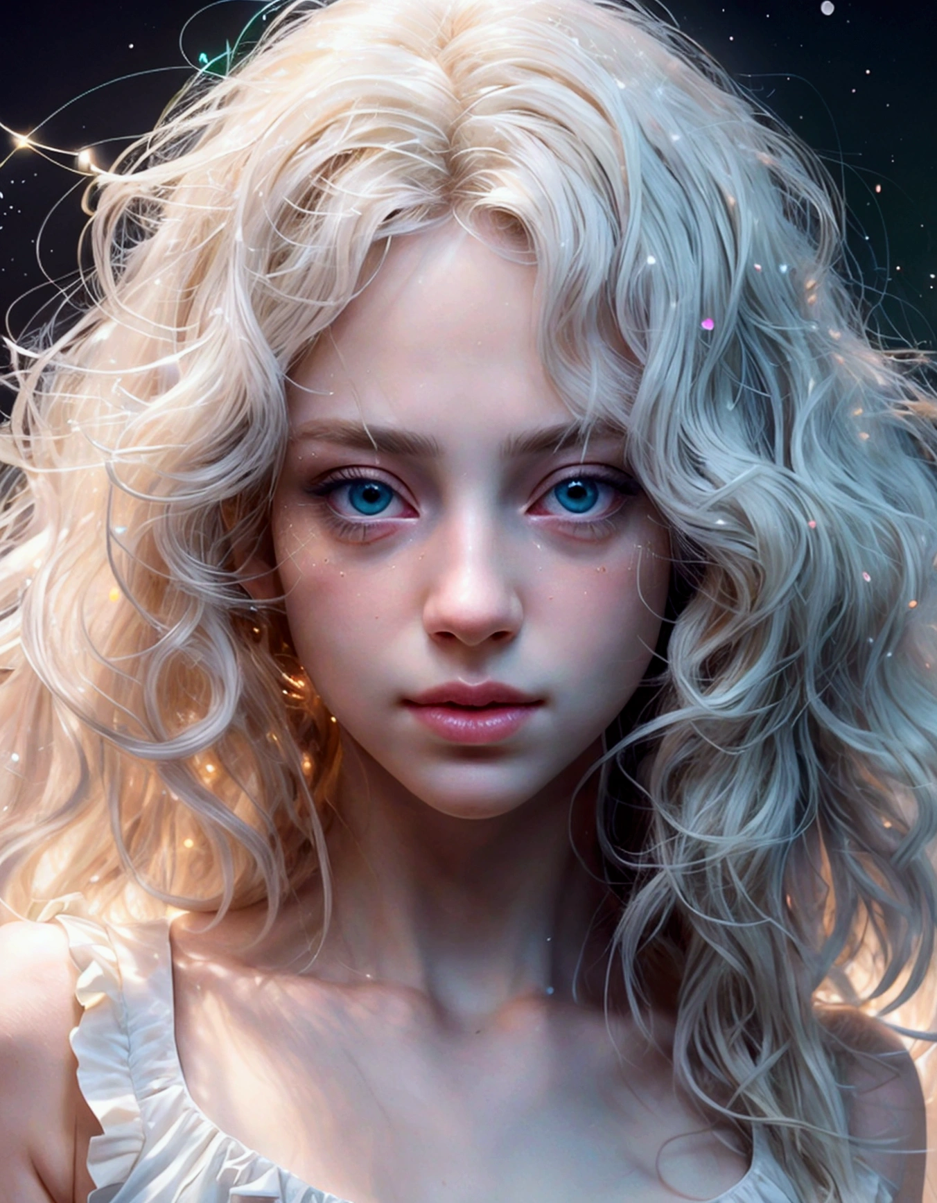 (The upper body of a woman wearing a green frilly sleeveless shirt), Surrealism, a digital way of facing reality, (Beautiful face_Delicate features, clear and pale skin), Long white hair, Objects spaced out, (Girl of Light_ Body line made of transparent luminous body ), (gem_particle, outline: 1.2), light_line, light, light particle, (girl made of lines of light: 1.3, wearing lines of light), density of lines, (flaming white blonde hair_messy Thick wavy hair, lines of light), (highest quality, 4k, 8k, high resolution, masterpiece: 1.2), ultra-detailed, (realistic, realistic, realistic: 1.37), HDR, UHD, studio lighting, sharp focus, physically based Renderings, highly detailed descriptions, professional, vivid colors,