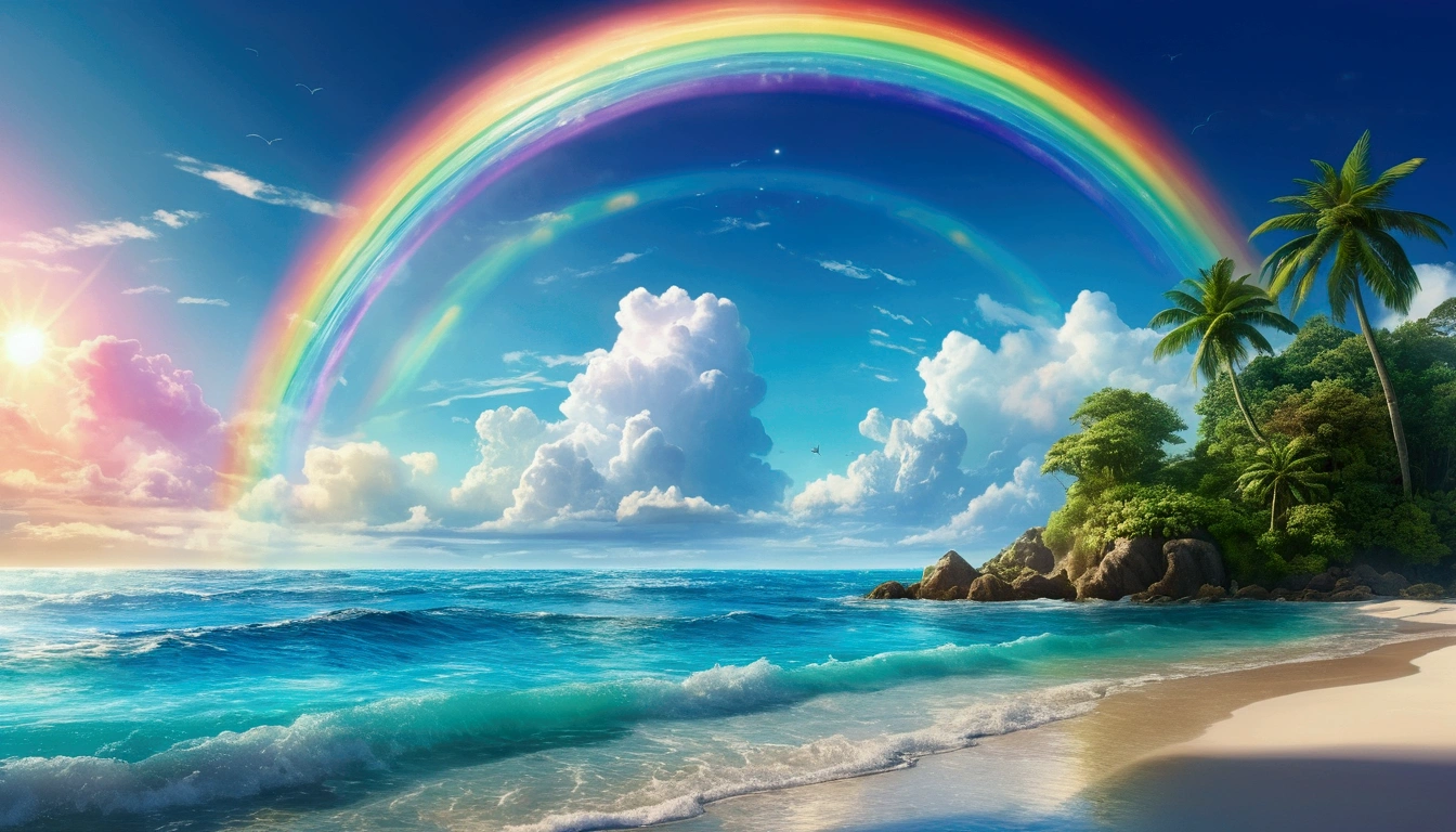 landscape,Rainbow in the sky,Luxury horizon,Shining seawater,Lush greenery,Exotic plants,Mysterious Creatures,Fantasy World,Enchanting atmosphere,Shining Sun,Soft Clouds,dreamlike landscapes,Magical Aura,Peace and tranquility,Unexplored beauty,A harmonious blend of tones,endless surprises,Highest quality,4K,8K,High resolution,masterpiece:1.2,Vibrant colors,
