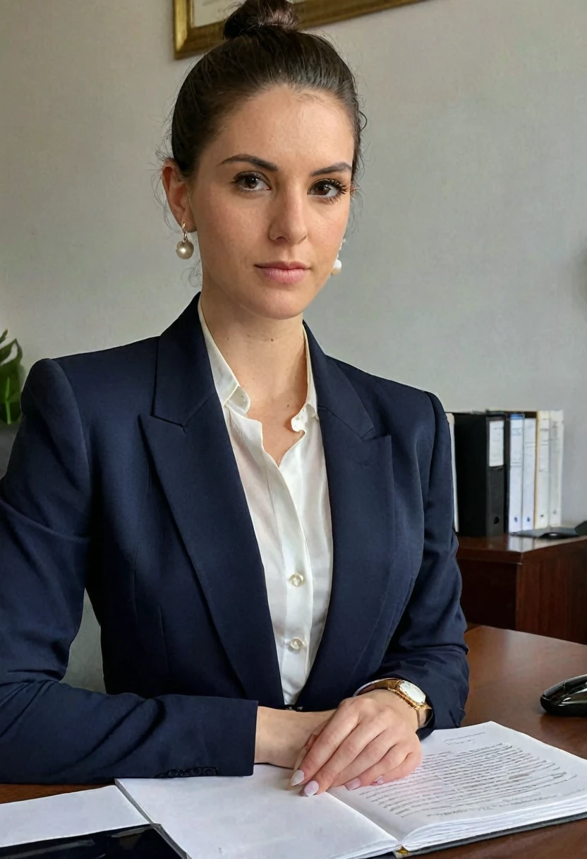 ((half body, professional)), Discreet Brazilian lawyer, ((dark hair in simple bun)), (28 years old), composed, masterpiece, qualidade excepcional, Ultra-detailed, alone, indoor, (((conservative law office))), (((modest professional attire))), ((navy blue blazer)), (((high-necked white blouse))), (small pearl stud earrings), (((hands not visible))),